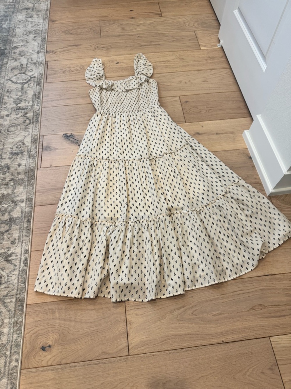 Womens Cream Tiered Smocked Sundress with Navy Diamond Print